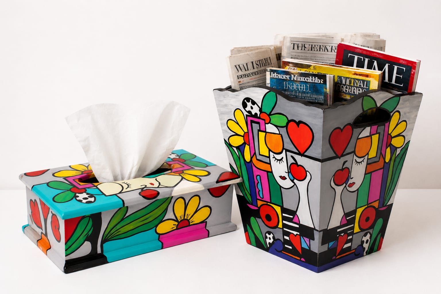 Hand-Painted Abstract Tissue Box & Magazine Basket Set