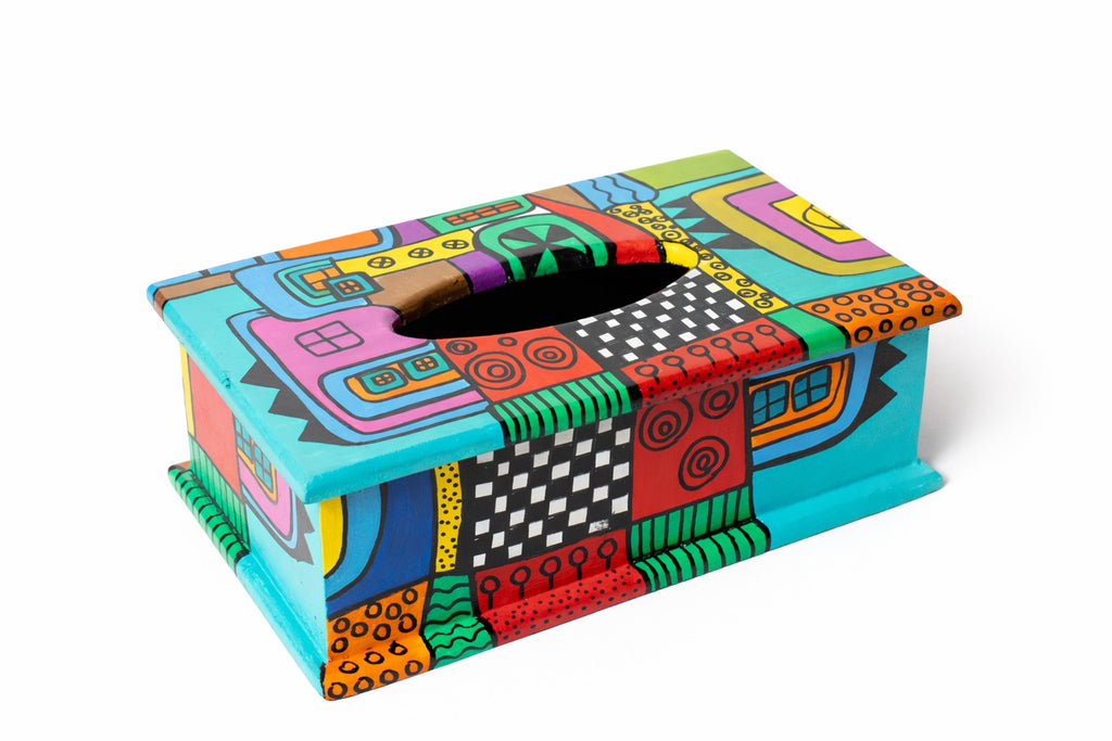 A unique Tissue Box & Magazine Basket designed with vibrant abstract