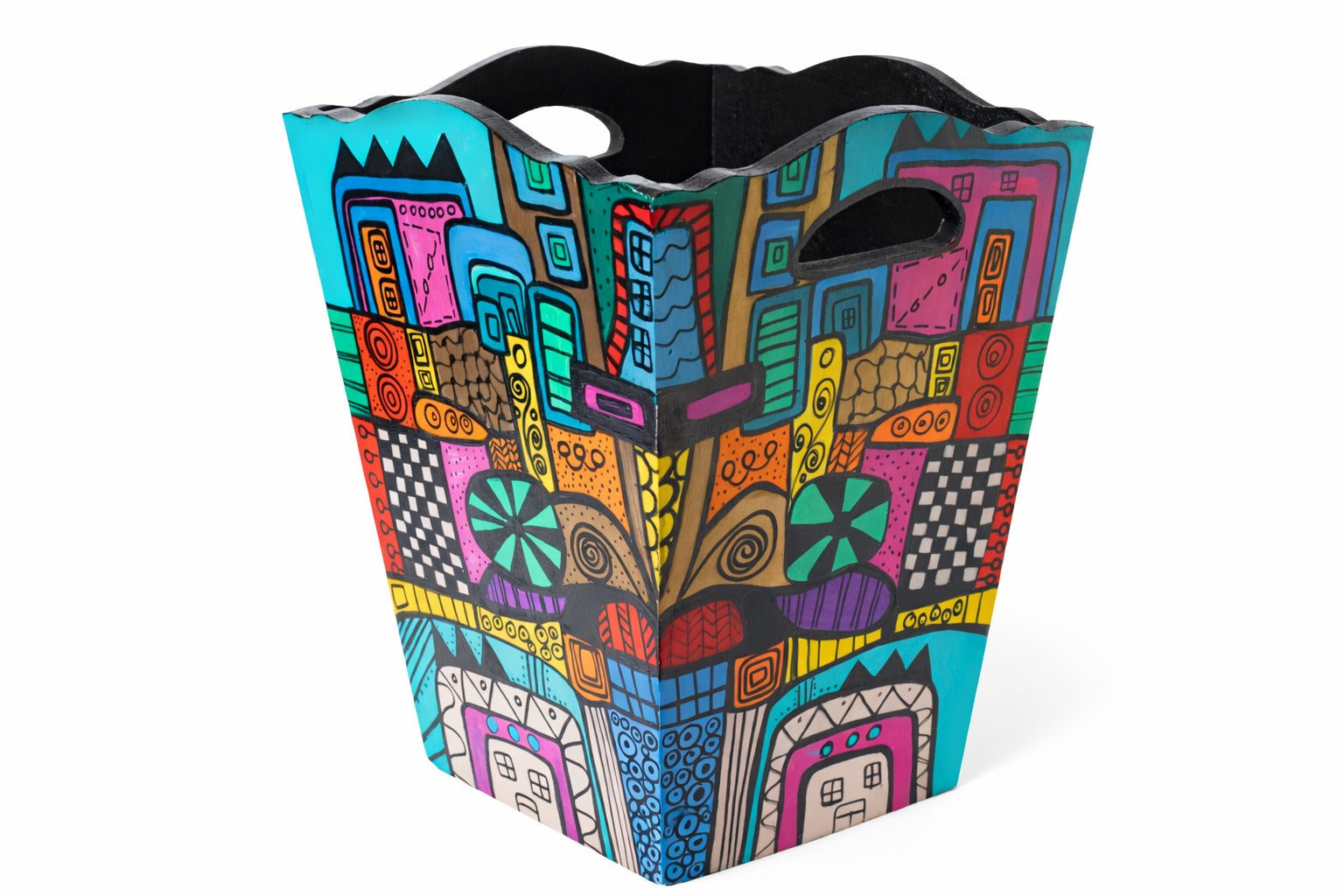 A unique Tissue Box & Magazine Basket designed with vibrant abstract