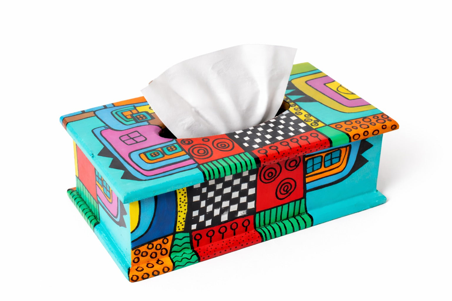 A unique Tissue Box & Magazine Basket designed with vibrant abstract