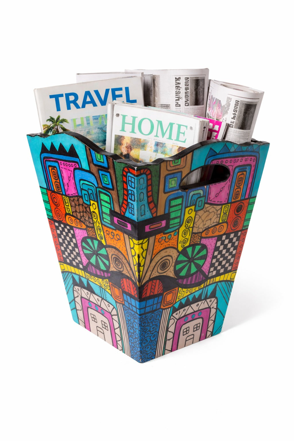 A unique Tissue Box & Magazine Basket designed with vibrant abstract