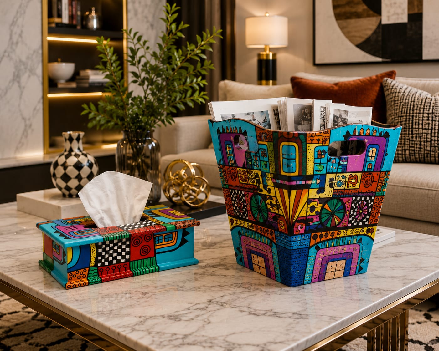 A unique Tissue Box & Magazine Basket designed with vibrant abstract