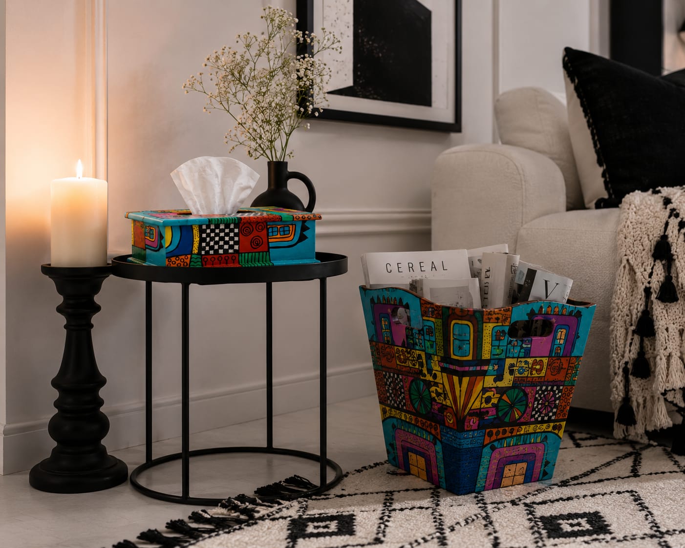 A unique Tissue Box & Magazine Basket designed with vibrant abstract