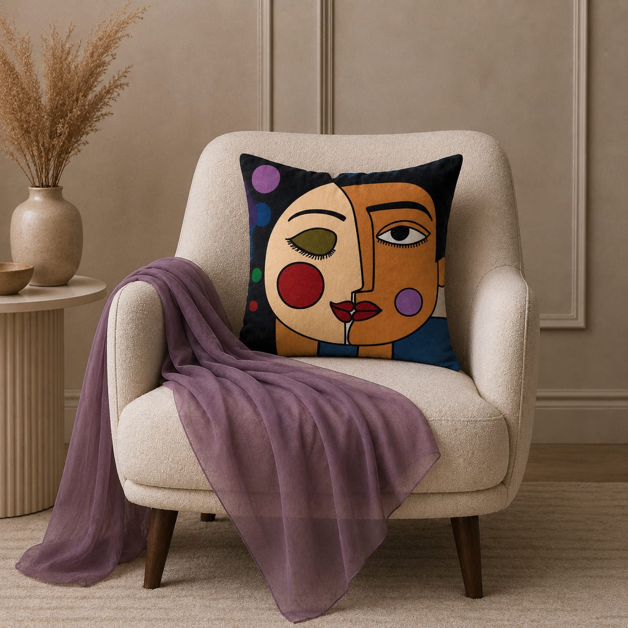 Modern Abstract Faces Cushion – Handmade Artistic Piece