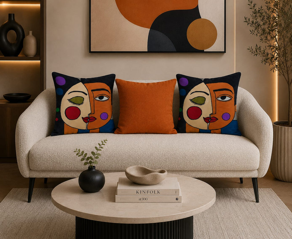 Modern Abstract Faces Cushion – Handmade Artistic Piece
