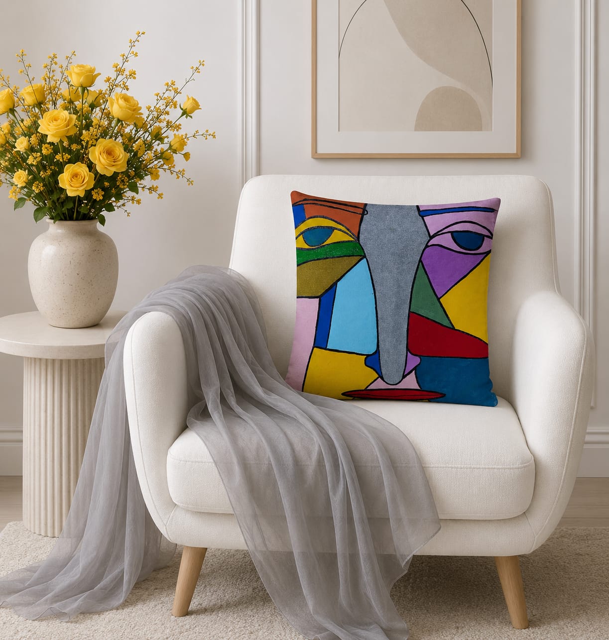 Geometric Abstract Face Cushion – Handmade Artistic Piece