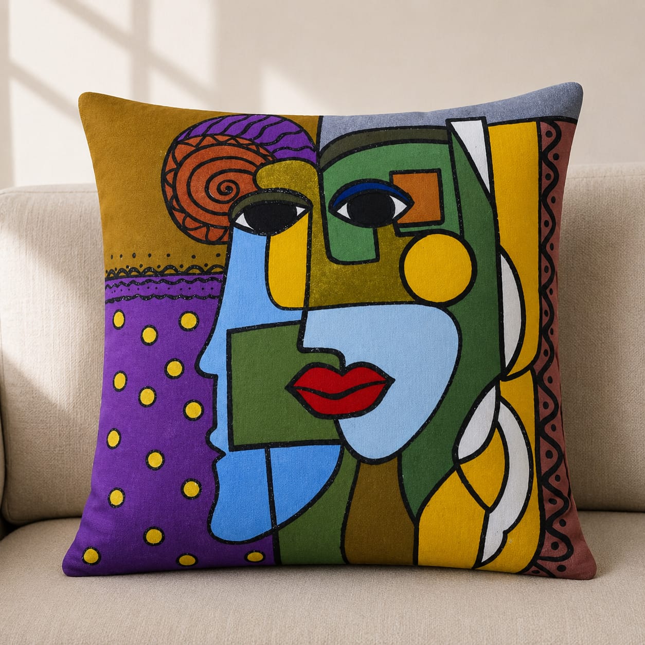 Abstract Face Cushion – Handmade Artistic Piece