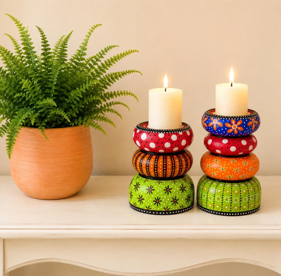 Hand-Painted Beech Wood Candle Holder Set