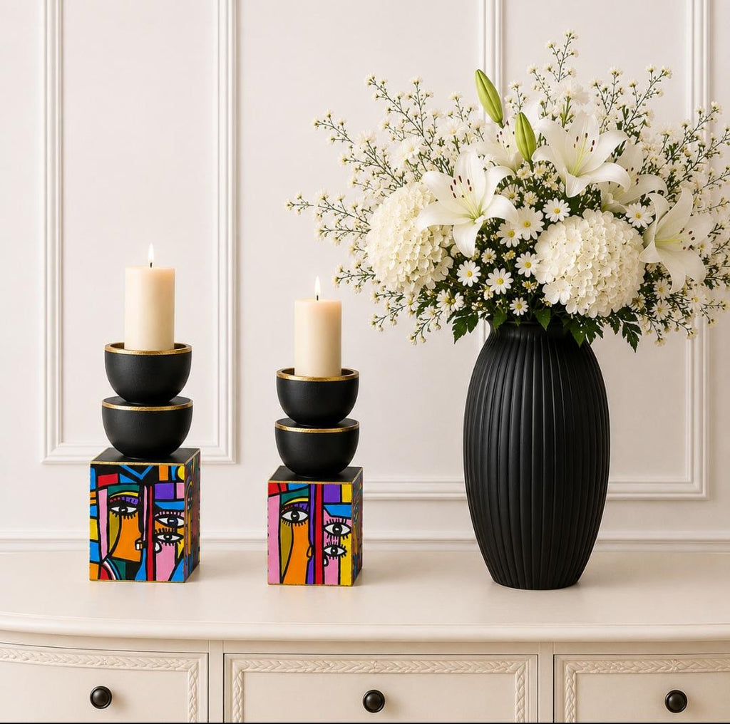 Hand-Painted Abstract Candle Holder Set