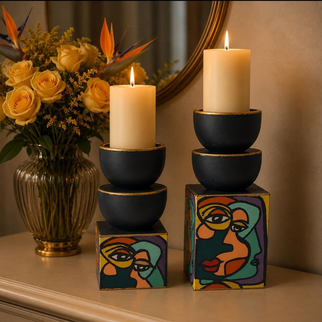 Hand-Painted Abstract Candle Holder Set