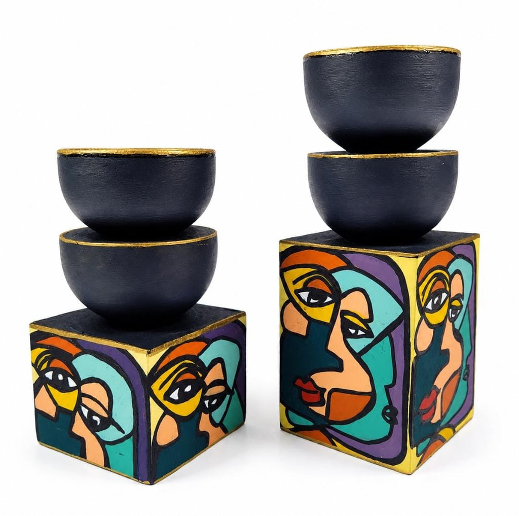 Hand-Painted Abstract Candle Holder Set