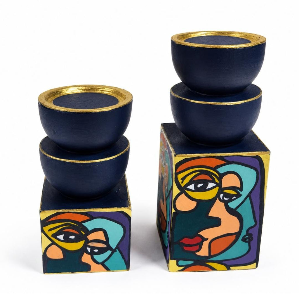 Hand-Painted Abstract Candle Holder Set
